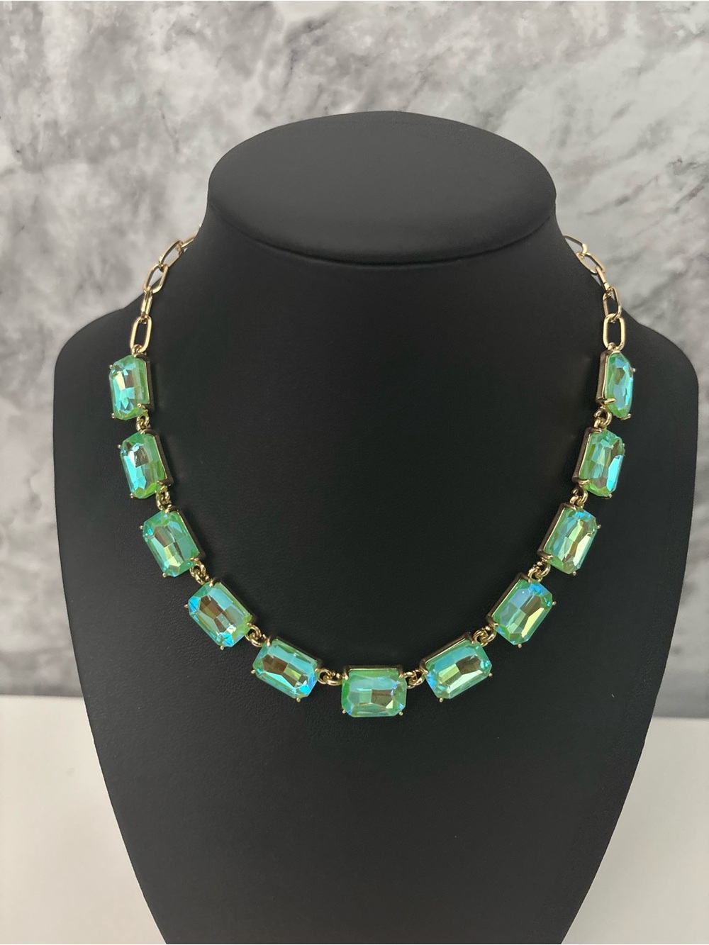Mint Green Rectangle glass link necklace with lobster claw closure.
